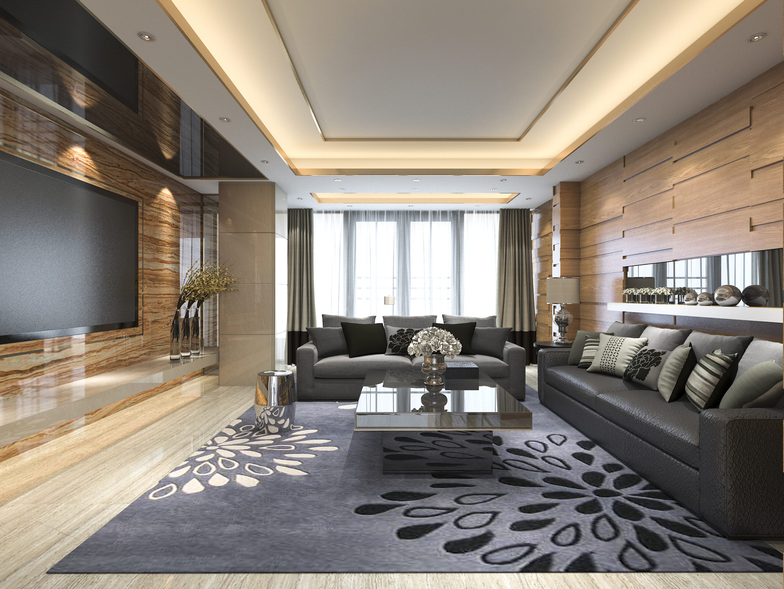 3d rendering luxury modern living room with leather sofa